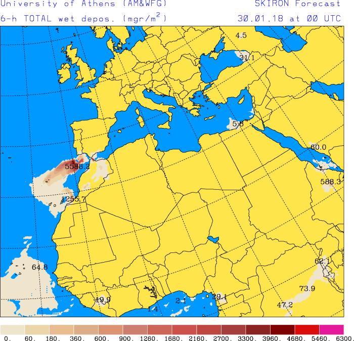 Depósito seco de polvo (mg/m 2 ) predicho por el modelo SKIRON para el día 31 de enero de 2018 a las 00 UTC (izquierda) y a las 18 UTC (derecha). Universidad de Atenas.