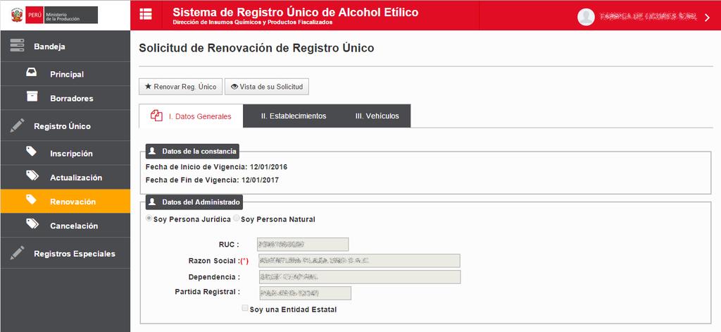 7. PROCESO DE RENOVACIÓN DEL REGISTRO ÚNICO Para iniciar el proceso de Renovación en el Sistema de Registro Único de Alcohol Etílico, debemos seleccionar la tercera opción