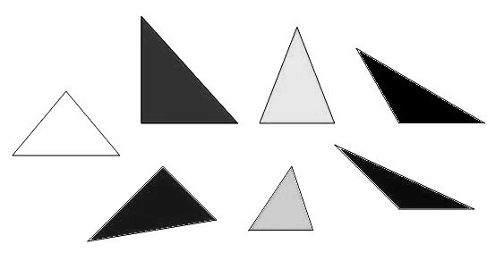 54. Clasifica los siguientes triángulos según sus lados y según sus ángulos.