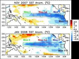 Figura 1. Variación espacial de las anomalías de temperatura de la superficie del mar en el océano Pacífico tropical y el mar Caribe en noviembre-2007(arriba) y enero-2008(abajo). Fuente: CPC/NOAA.