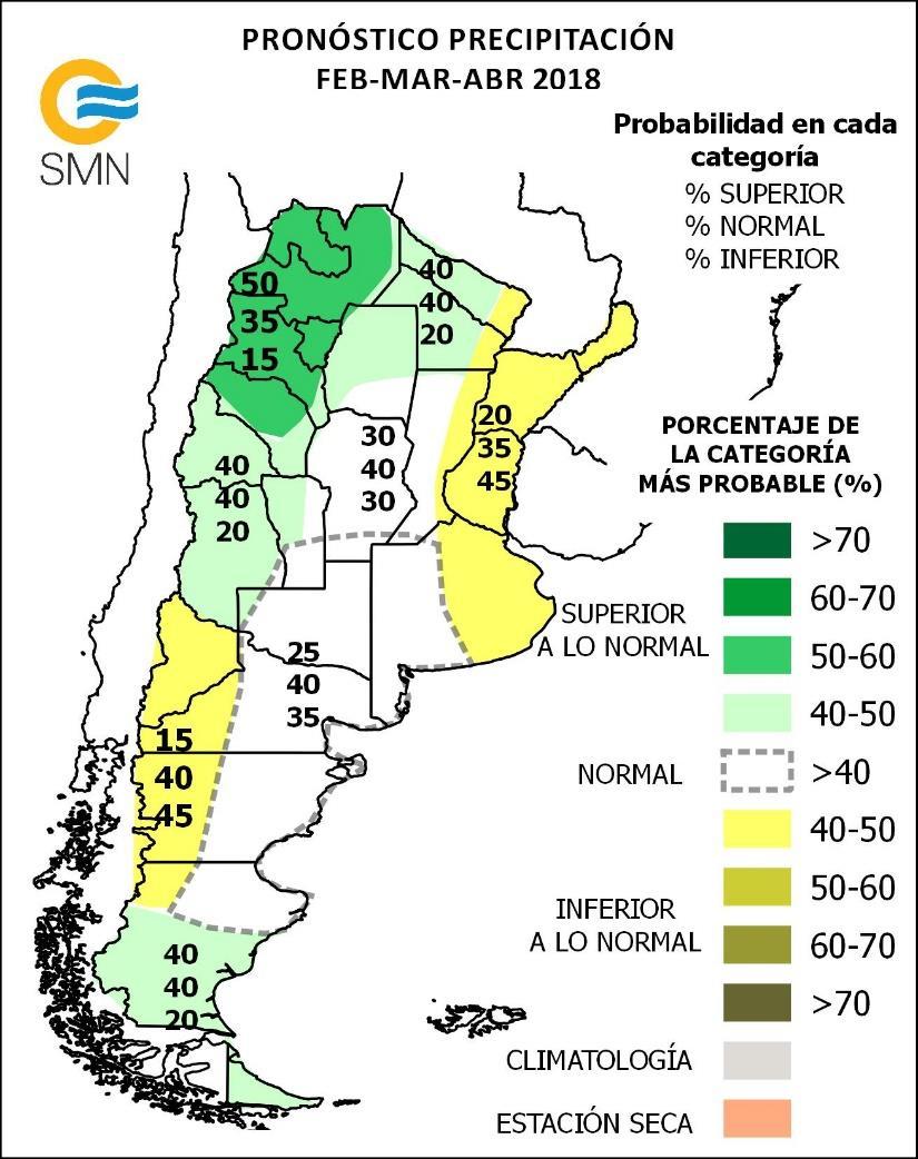 PRONÓSTICO TRIMESTRAL -Precipitación febrero-marzo-abril 2018 Se prevé mayor probabilidad de ocurrencia de precipitación: Referencias - Inferior a la normal sobre las provincias del Litoral y