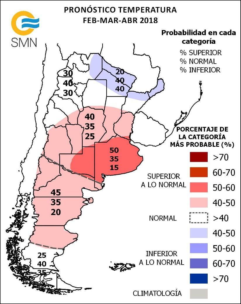 PRONÓSTICO TRIMESTRAL Temperatura Media febrero-marzo-abril 2018 Se prevé mayor probabilidad de ocurrencia de temperatura media: - Superior a la normal sobre la provincia de Buenos Aires, La Pampa y