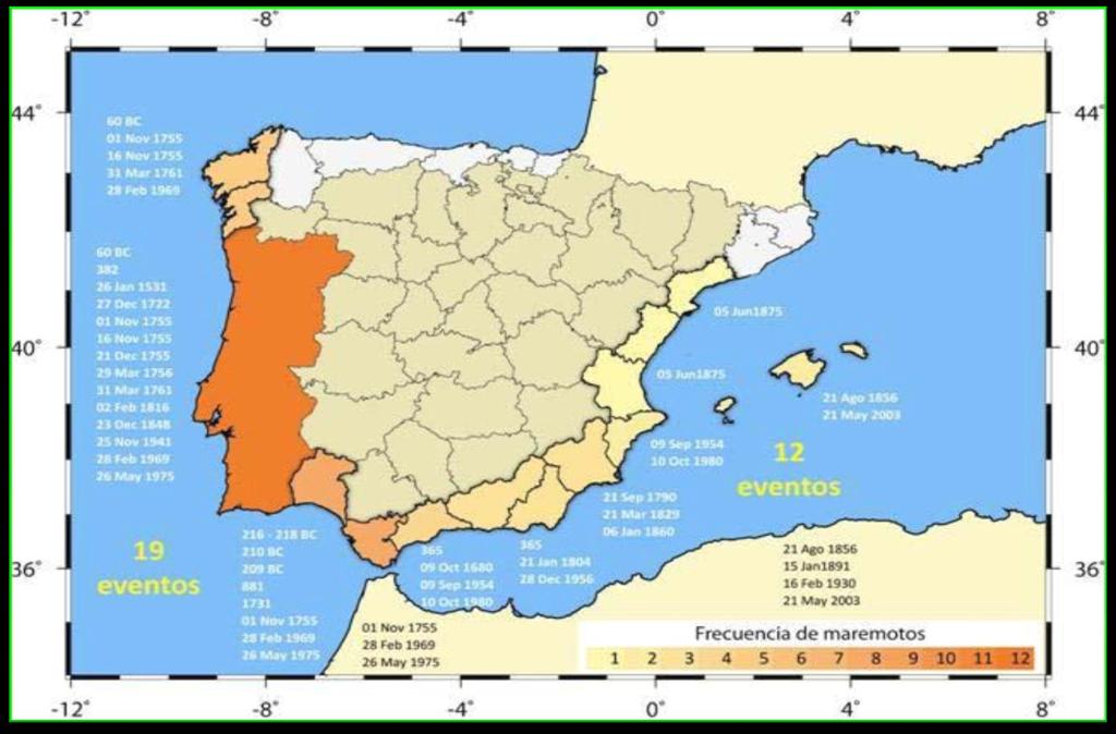 Mapa mostrando el número de tsunamis que han afectado a las costas españolas de los que se