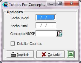 Cómo Imprimir Totales por Concepto NICSP Este informe es muy útil para el usuario ya que se puede ver el total de los movimientos por conceptos NICSP asociados a las cuentas en forma Acumulada,