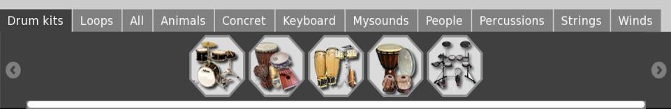 Drum kits: tiene 5 kits o conjuntos de percusión Loops: Sonidos de personas Concretos Varios sonidos Sonidos de cuerdas All: muestra todos los sonidos Animales : sonidos de animales Sonidos de piano
