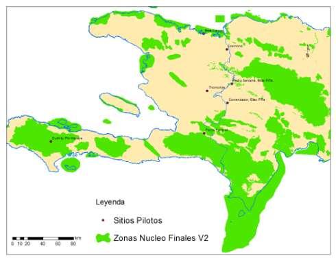 Como se puede observar los sitios de Thomonde y Dosmond en Haití y Comendador en República Dominicana, no se encuentran cercanos a zonas núcleo.