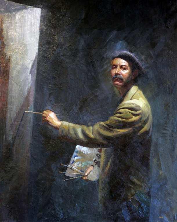 Espejo de mí mismo. Autorretrato. Amalio García del Moral (Granada 1922, Sevilla 1995) se vio a sí mismo pintando la Giralda, a la que dedicó buena parte de su obra.