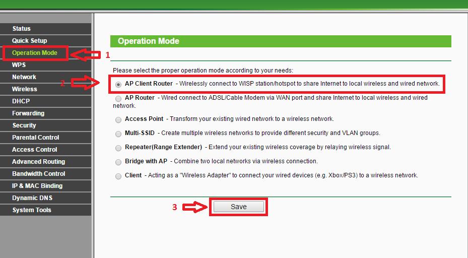 Una vez verificamos que el firmware es correcto Ingresamos a Operation Mode En la pantalla que se muestra debemos seleccionar AP Client Router y presionar