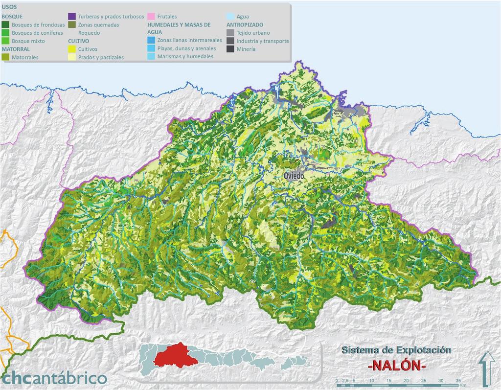 6. Usos El área central de Asturias se reparte principalmente en dos usos; por una parte los bosques autóctonos de frondosas, más abundantes de lo que se podría pensar dado que se trata de un área
