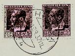 Fragmento de carta prefabricada: franqueo fiscal, fiscal bisectado y sello benéfico de 1937 (solo usados durante la Guerra) y matasellos del