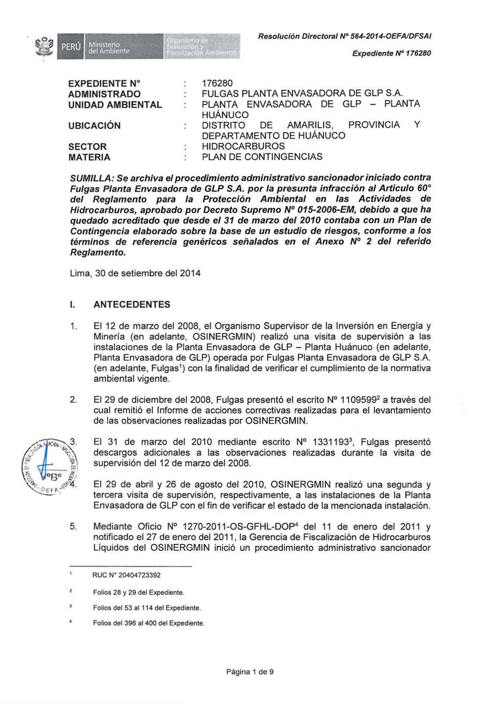 Resolución Directora/ N 564-2014-0EFAI