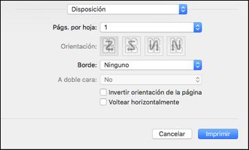 Cómo seleccionar las opciones de composición de página - Mac Puede seleccionar una variedad de opciones de composición para su documento o foto seleccionando Disposición en el menú desplegable de la