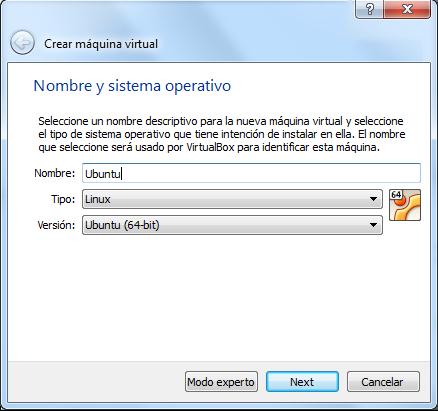 b. En la pantalla Nombre y sistema operativo, escriba Ubuntu en el campo Nombre. En el campo Tipo, seleccione Linux.