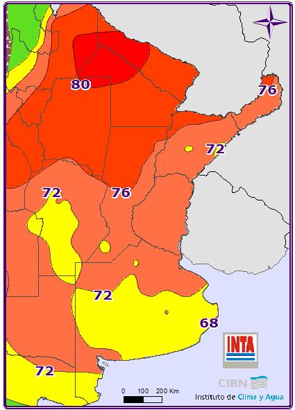 caluroso con valores de ITH elevados sobre el norte argentino.
