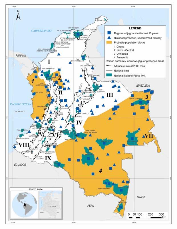 Figura 1. Mapa de distribución de jaguares en Colombia. Números latinos hacen referencia a bloques regionales de poblaciones continuas de jaguar.