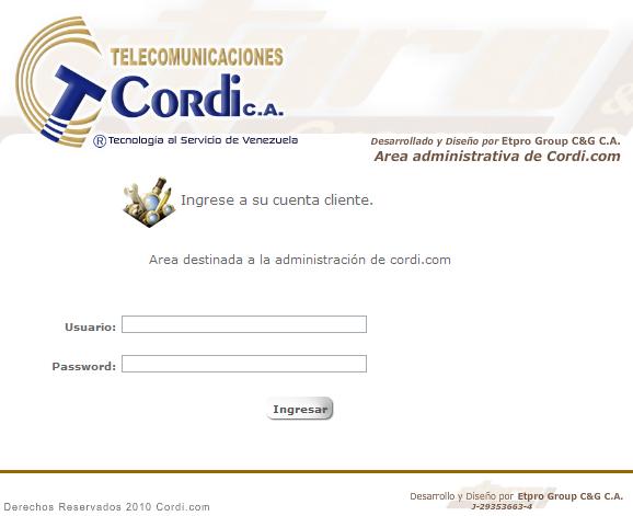 Sistema de control de acceso al administrador de contenido diseñado para el sitio Web CORDI.com En esta opción se muestran dos campos 1. Usuario: usuario suministrado para el ingreso a su sitio. 2.