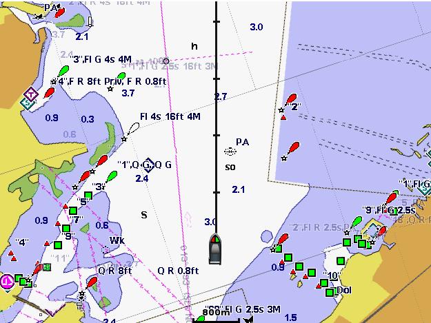 Cartas y vistas de carta 3D Visualización y configuración de la línea de rumbo La línea de rumbo es una línea dibujada en el mapa que se prolonga desde la proa del barco en la dirección de