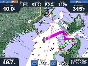 Navegación a un destino de servicios náuticos PRECAUCIÓN La función de Auto ruta de la tarjeta de datos BlueChart g2 Vision se basa en la información de la carta electrónica.