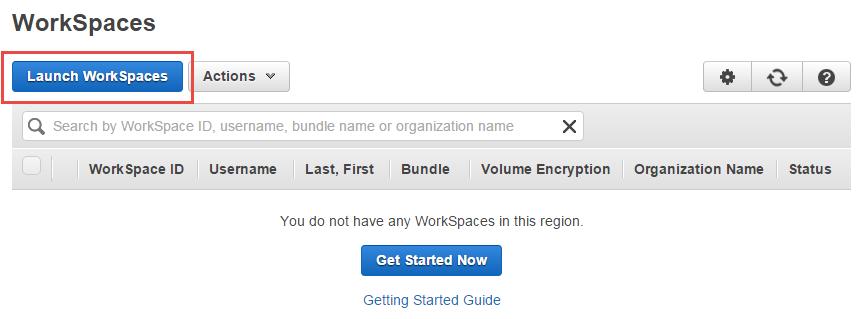 Paso 4: ejecutar WorkSpaces Una vez que se configuró el directorio, WorkSpaces puede ejecutarse a través de la consola. 1. Navegue hasta https://console.aws.amazon.com/workspaces/.