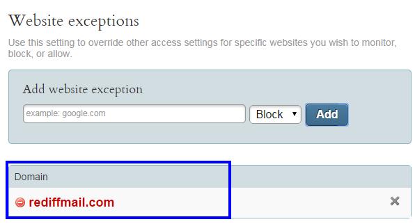 - Haga clic en Añadir. - El sitio web se añadirá a la sección Excepciones de dominio.