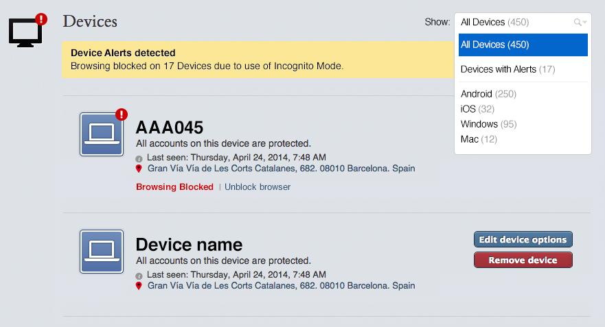En Ajustes > Dispositivos, se muestran notificaciones para informar al administrador de la cuenta que un dispositivo se ha bloqueado