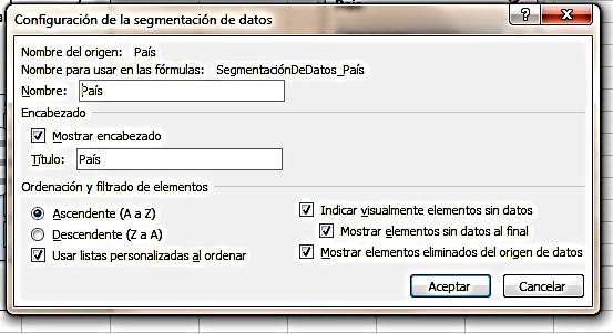 Para trabajar con segmentaciones se utilizan los comandos de la ficha contextual Opciones de la ficha Herramientas de segmentación de datos, que aparece en la Cinta de opciones cuando se inserta una