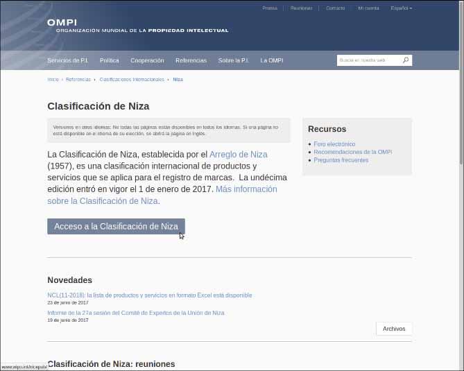 Nomenclador de Niza 11 Edición Acceso desde el sitio de la OMPI