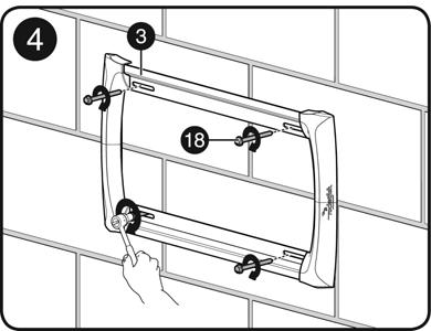 Alinee la placa para pared (3) con los anclajes, inserte los pernos de retraso (18) a través de los agujeros del ensamblado de la placa para pared y luego apriete los pernos de retraso hasta que se