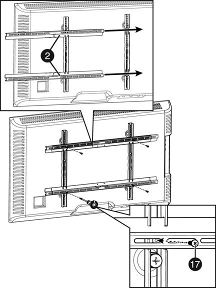 RF-HTVMM170C Paso : Colocación de los soportes horizontales 1 Deslice los soportes horizontales (2) a través de las ranuras en los soportes verticales (1), como se muestra a continuación.