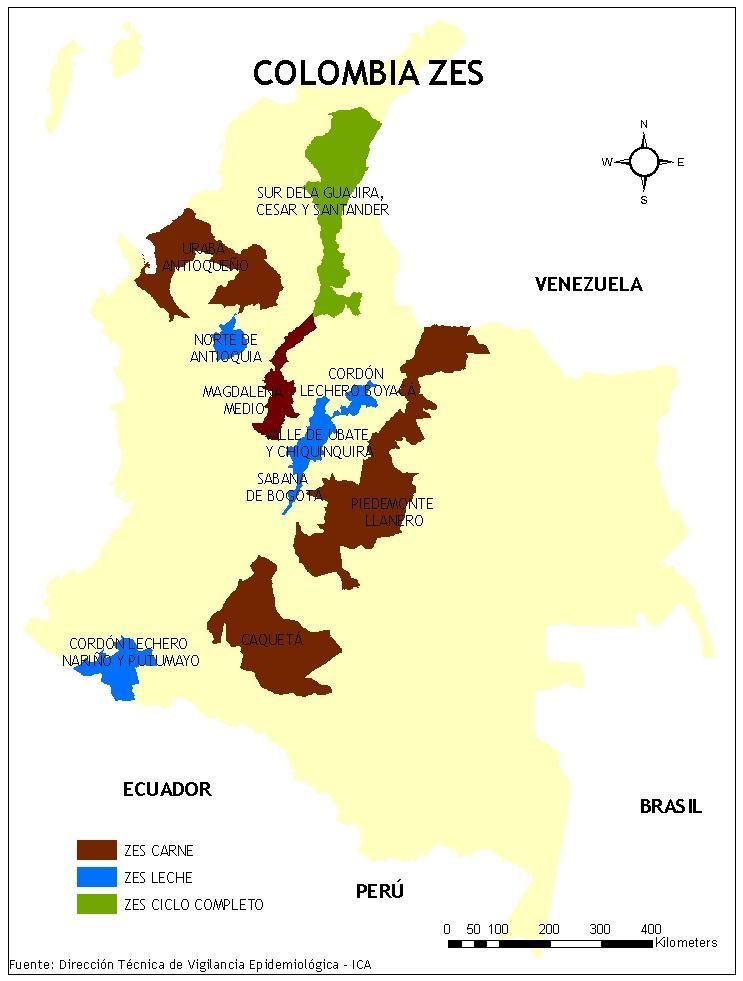 Figura 14.- Zonas de Excelencia Sanitaria Colombia - ZES 6.1. Población animal y movilización de bovinos ZES En la especie Bovina las ZES cuentan con 9.062.762 animales ubicados en 155.