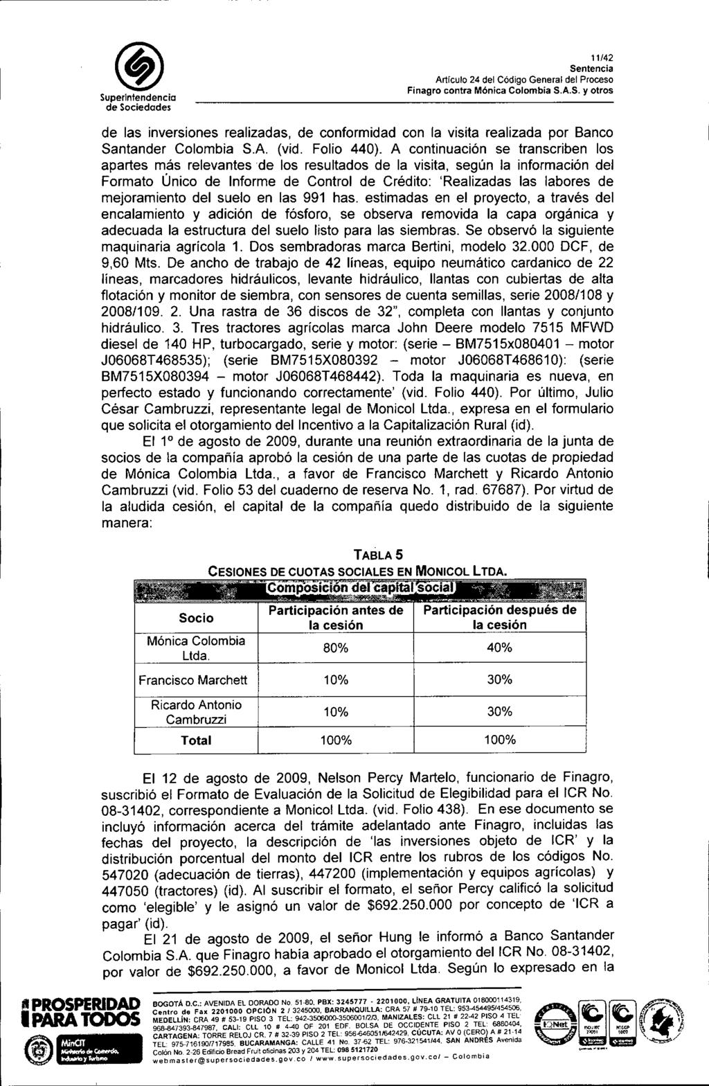 SuperIntendencia 11/42 de las inversiones realizadas, de conformidad con la visita realizada por Banco Santander Colombia SA (vid. Folio 440).