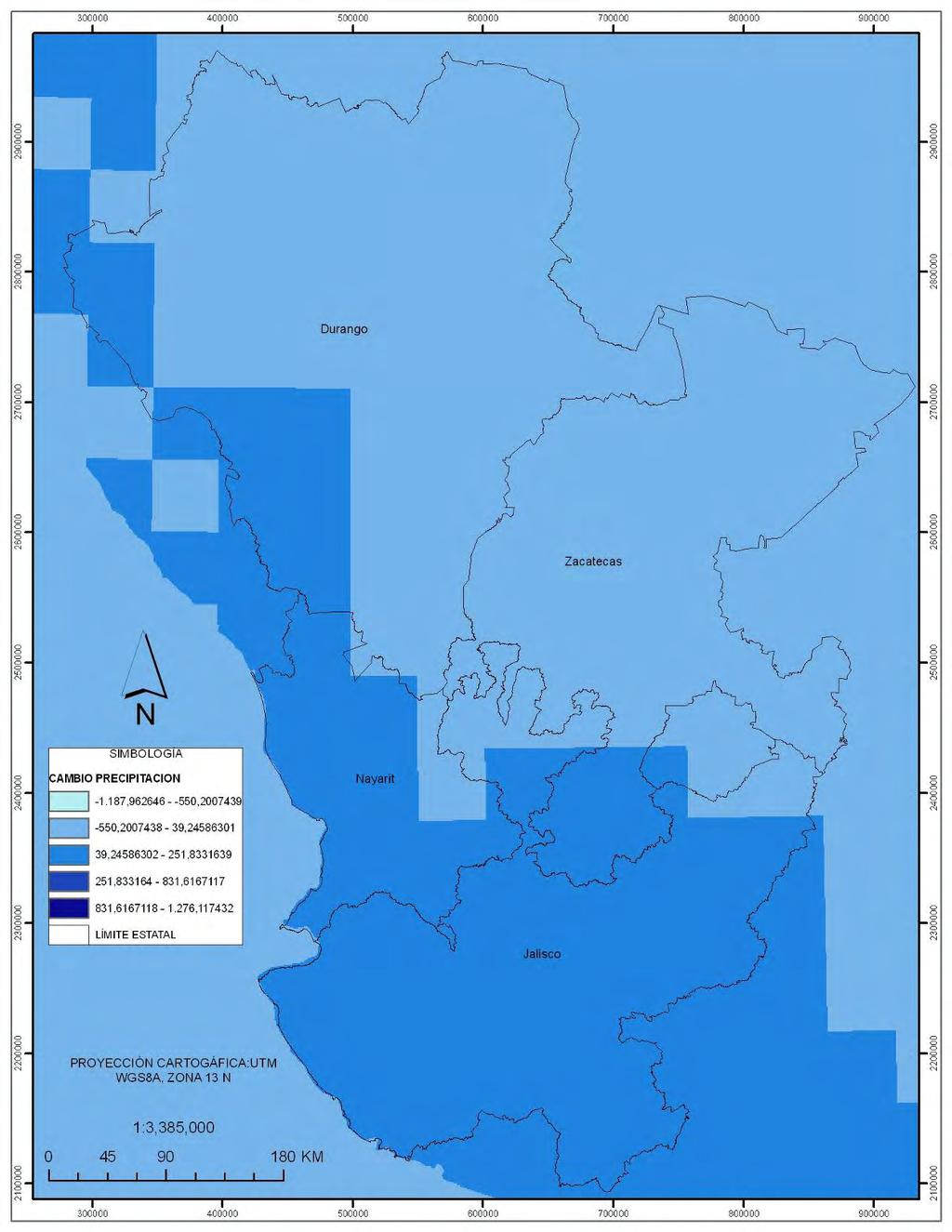 En cuanto a los cambios en la precipitación, según el modelo planteado por Durán (2010), la disminución de la misma cubre casi todo el estado de Jalisco y completamente el estado de Nayarit.