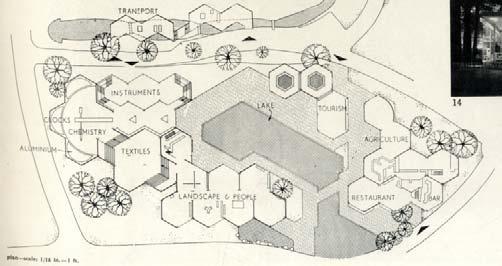 Pabellón de Suiza, en ocasiones confundido con el de España, por su planta de módulos hexagonales. The Architectural Review, agosto 1958, pp.105-107.