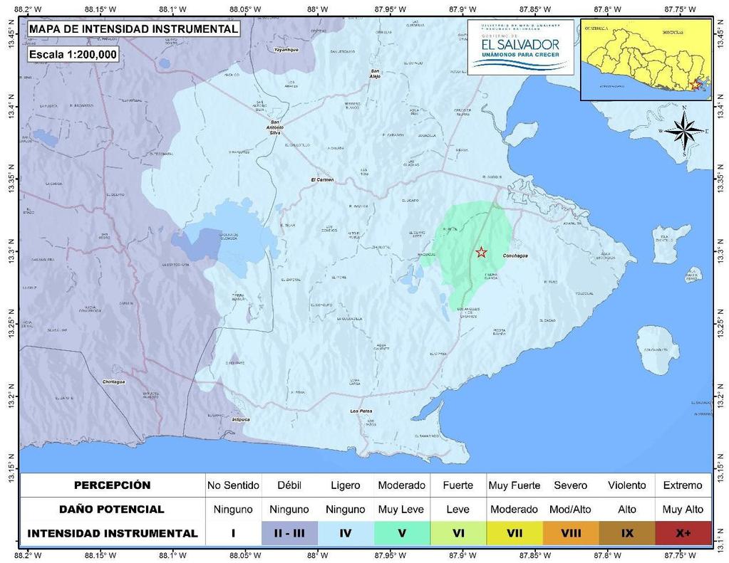 Figura 13 Mapa de Intensidad Instrumental, a escala (1:200,000) A continuación, en la tabla 1 se presenta un resumen del nivel de percepción del sismo en cuestión y los posibles daños potenciales que