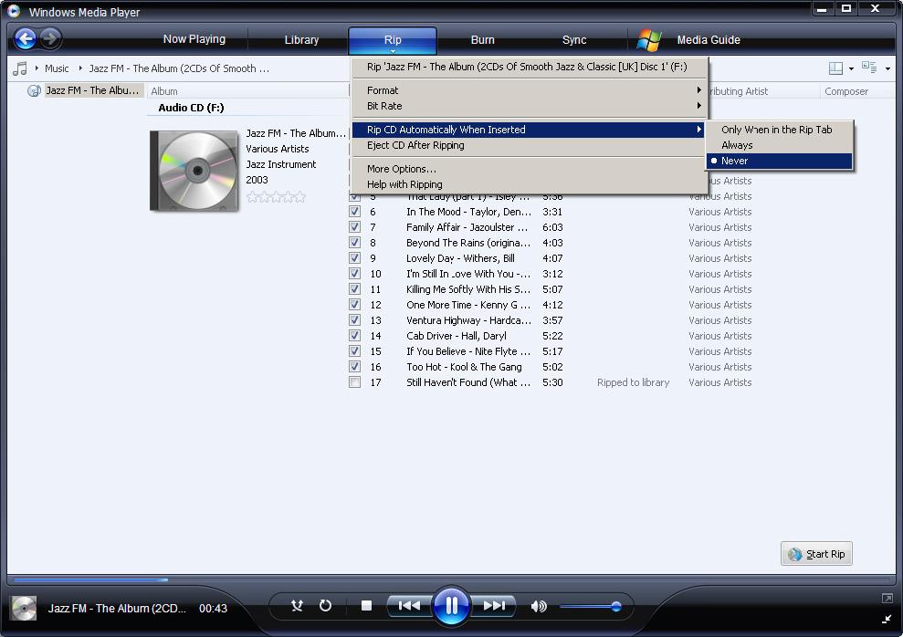5 Inserte el disco de audio en la unidad de CD del ordenador. > Se enumeran todas las pistas del CD. De manera predeterminada, WMP11 comienza a copiar todas las canciones del CD.