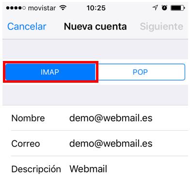 Paso 7: Seleccione IMAP en las opciones que le aparecen, luego rellene los datos del servidor de correo entrante y servidor de correo saliente: SERVIDOR DE CORREO