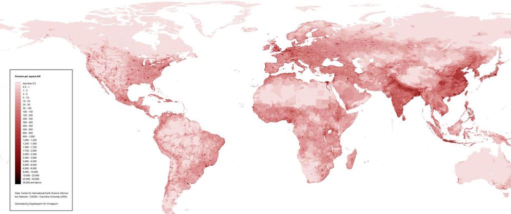 Densidad de población mundial Fuente: Wikimedia Commons.