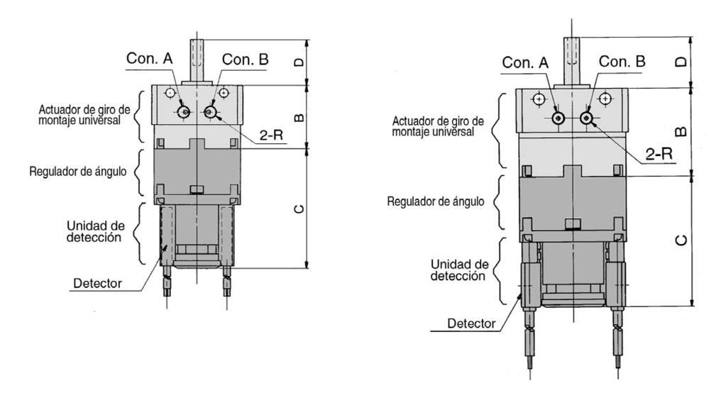 Notas) En los actuadores de giro con unidad de detección, sólo se realizan conexiones laterales. Los dibujos anteriores muestran los actuadores de giro con detectores derechos e izquierdos.