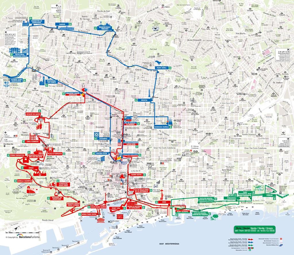 Detalle de las líneas. (Mapa correspondiente al año 2016) Datos en: https://www.barcelonabusturistic.cat/es/rutes Datos en: https://www.barcelonasmartmoving.