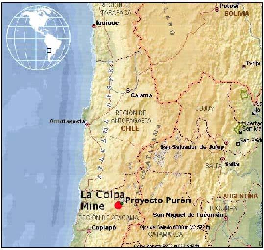 1.2 Ubicación El Proyecto Purén se ubica administrativamente en la III Región de Atacama, Provincia y Comuna de Copiapó, en la Zona denominada Purén, situada a 160 Kilómetros al Noreste de la Ciudad