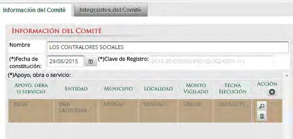 En la sección Información del Comité, se captura el Nombre del Comité de Contraloría Social y se selecciona la