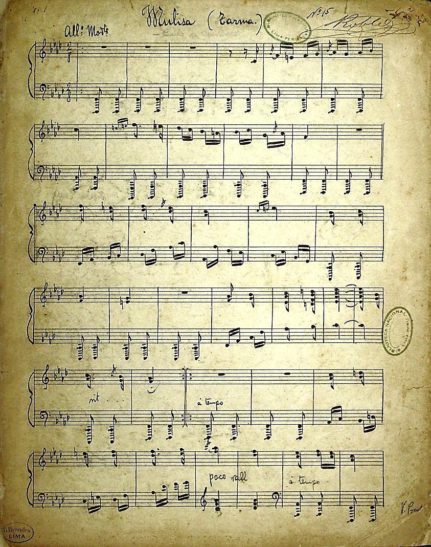 Mulisa Título uniforme Mulisa (Tarma) Publicación [S.l.]: [s.n.], 1889 Descripción 1 partitura ([3, 1b] p.
