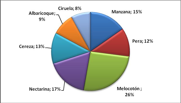 A nivel global, el 27% de la superficie corresponde a frutales de pepita (media 2013-2015) y el 73% a fruta de hueso.