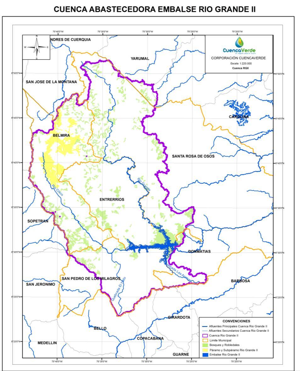 CUENCAS ABASTECEDORAS DE INFLUENCIA RIOGRANDE II Aprox. 33% del agua para el sistema de EPM en el Valle de Aburrá Localizada al Noroccidente de Medellín Extensión total: 103.