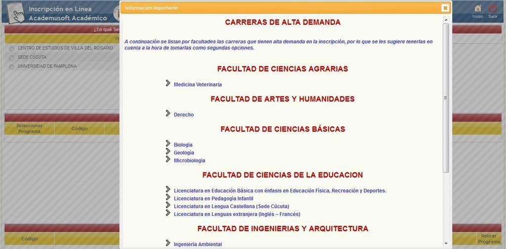 5 La universidad de Pamplona Ofrece una Opción en el formulario de preinscripción, se puede seleccionar una opción.