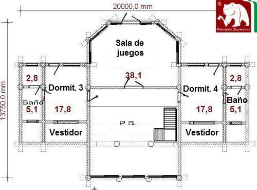 Proyecto 5-02: Casa, dos plantas, 460 m2 Planta primera : Dormitorio 3 17,8 m2 Baño 5,1 + 2,8 m2 Vestidor Dormitorio 4 17,8 m2 Baño 5,1 + 2,8 m2 Vestidor Sala de juegos 38,1 m2 Casa de pino nórdico.