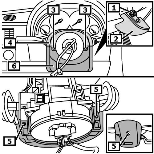 Desmontaje Imagen 1 Poner el volante en posición central y encajar la cerradura antirrobo del volante. Interrumpir el polo negativo de la batería con un borne.