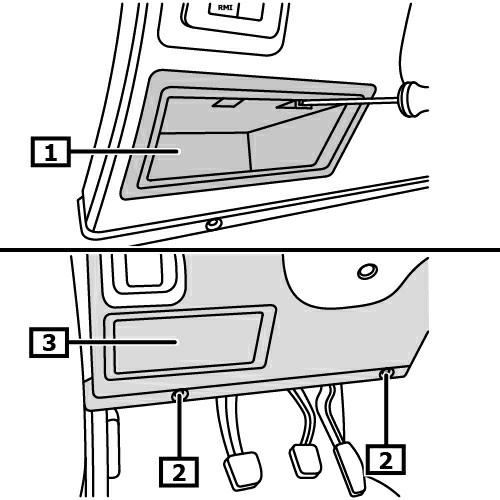 Desmontar la guantera. (1) Desenroscar el (los) tornillo(s). (2) Desmontar recubrimiento(s).