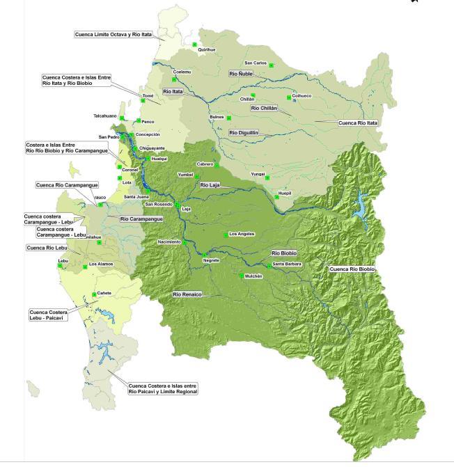 Cuencas región del Biobío Plantaciones forestales (1 ) Viñas y parronales (3 ) Hidroeléctricidad (1 ), (3 ) :