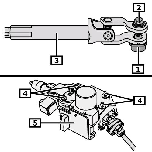 Hacer retroceder el revestimiento del piso en el espacio reposapiés del lado del conductor. Imagen 7 Quitar el anillo de apoyo. (1) Destornillar tornillo(s) - articulación cardán.